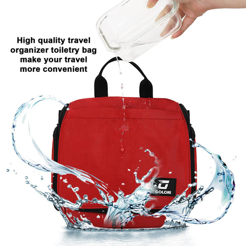 Sac de toilette suspendu Goloni avec crochet, grand sac à maquillage organisateur de voyage, sac cosmétique suspendu résistant à l'eau avec 10 compartiments pour femmes et hommes, rouge SUN N.