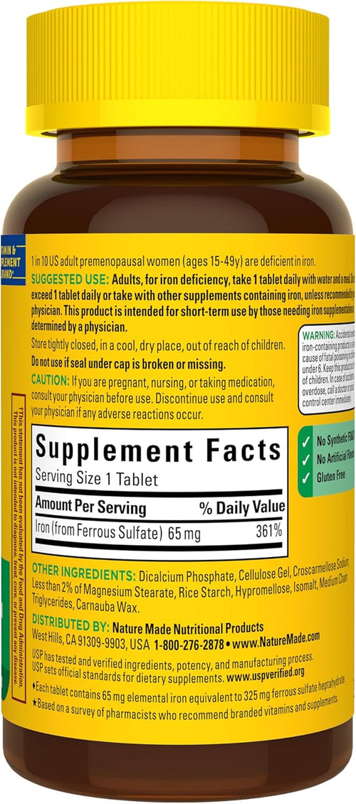 Comprimés Nature Made Fer 65 mg (325 mg Sulfate Ferreux), Suppléments de Fer, Supplément Alimentaire pour le Soutien des Globules Rouges, 180 Comprimés, Approvisionnement pour 180 Jours SUN N.