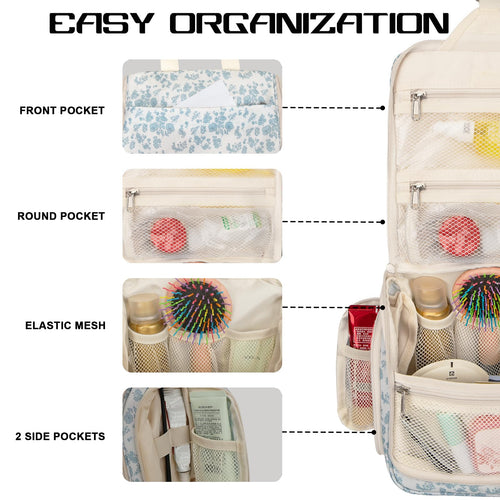 Sac de toilette suspendu Goloni avec crochet, grand sac à maquillage organisateur de voyage, sac cosmétique suspendu résistant à l'eau avec 10 compartiments pour femmes et hommes, rouge SUN N.