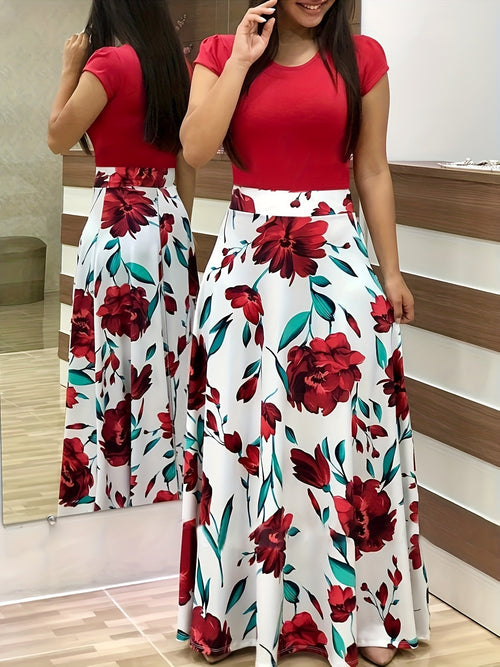 Robe mi-longue à fleurs pour femmes, grande taille, imprimé rouge colorblock, manches courtes - Col rond élégant, tissu en polyester légèrement extensible, parfaite pour toutes les saisons SUN N.