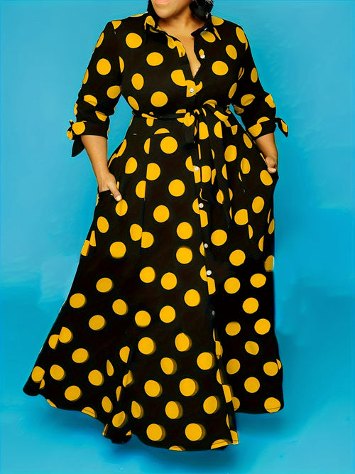plus size polka dot maxi dress with belt button collar elegant