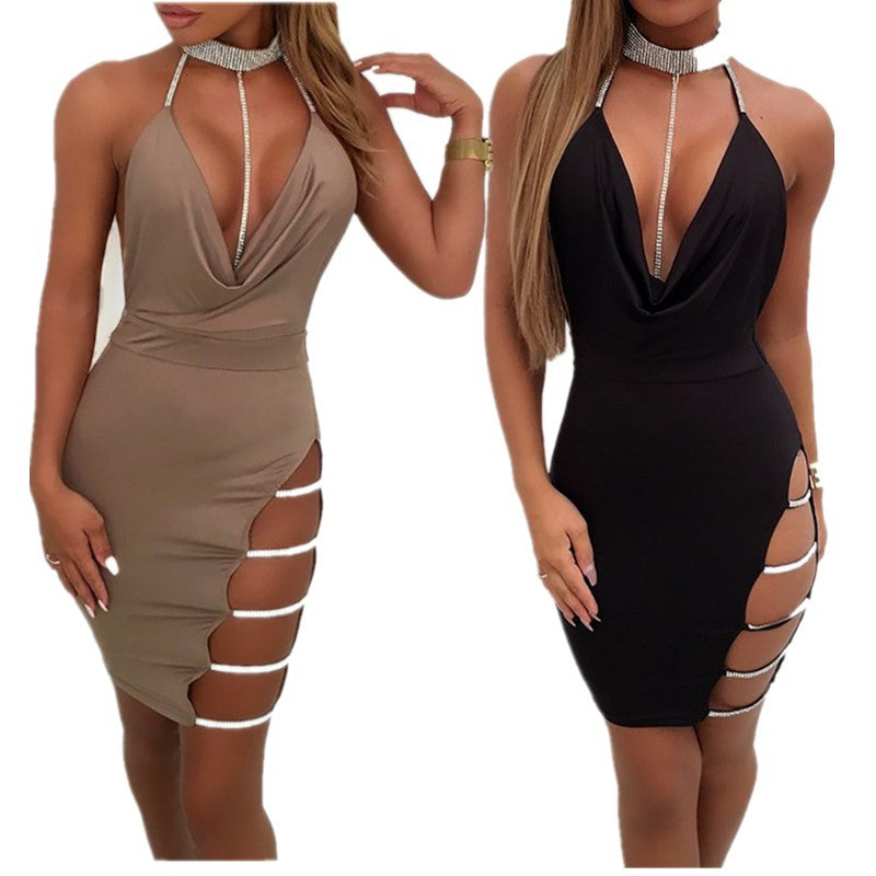 2022 European and American sexy sling jumpsuit hip skirt side slit hot rhinestone low-cut halter tight nightclub skirt in stock SUN N.