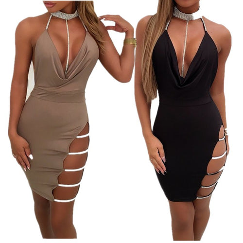 2022 European and American sexy sling jumpsuit hip skirt side slit hot rhinestone low-cut halter tight nightclub skirt in stock SUN N.