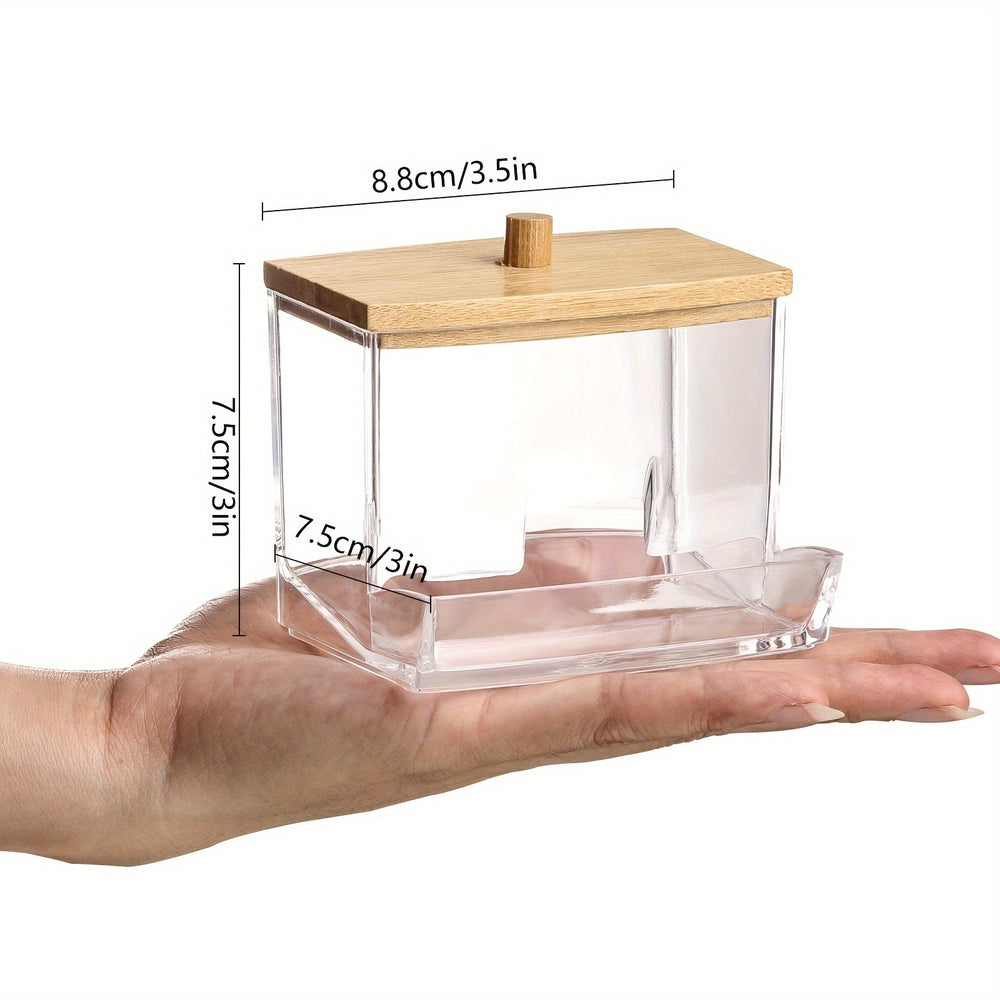 Porte-coton-tiges en acrylique transparent 7oz avec couvercle en bois - Organisateur salle de bain élégant