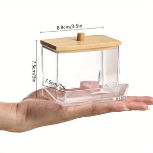 Porte-coton-tiges en acrylique transparent 7oz avec couvercle en bois - Organisateur salle de bain élégant