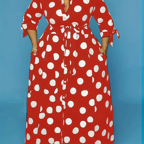 plus size polka dot maxi dress with belt button collar elegant