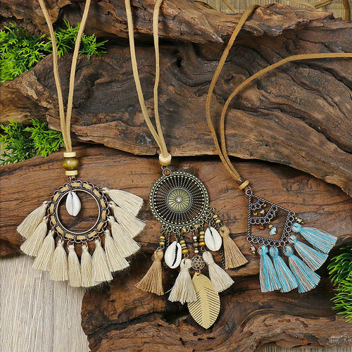 Ensemble de 3 colliers pendentifs de mode féminine de style ethnique avec pendentif à pompon floral, en alliage de zinc émaillé bronze avec incrustation de strass en verre, collier vintage SUN N.