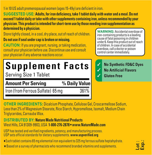 Comprimés Nature Made Fer 65 mg (325 mg Sulfate Ferreux), Suppléments de Fer, Supplément Alimentaire pour le Soutien des Globules Rouges, 180 Comprimés, Approvisionnement pour 180 Jours SUN N.