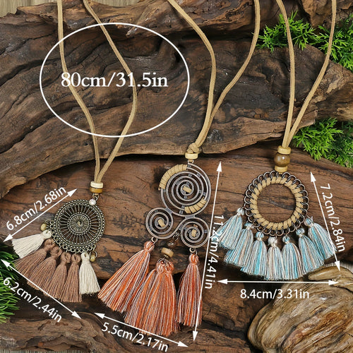 Ensemble de 3 colliers pendentifs de mode féminine de style ethnique avec pendentif à pompon floral, en alliage de zinc émaillé bronze avec incrustation de strass en verre, collier vintage SUN N.