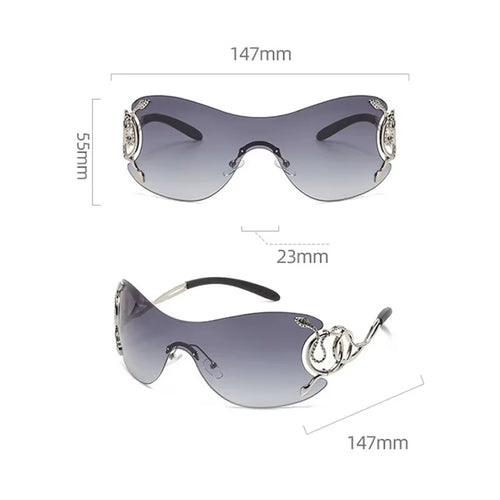 Lunettes de soleil de jambe de miroir en forme de salle pour femmes, lunettes technologiques punk, nuances de chimround autour, sans monture, nickel é, Y2k SUN N.
