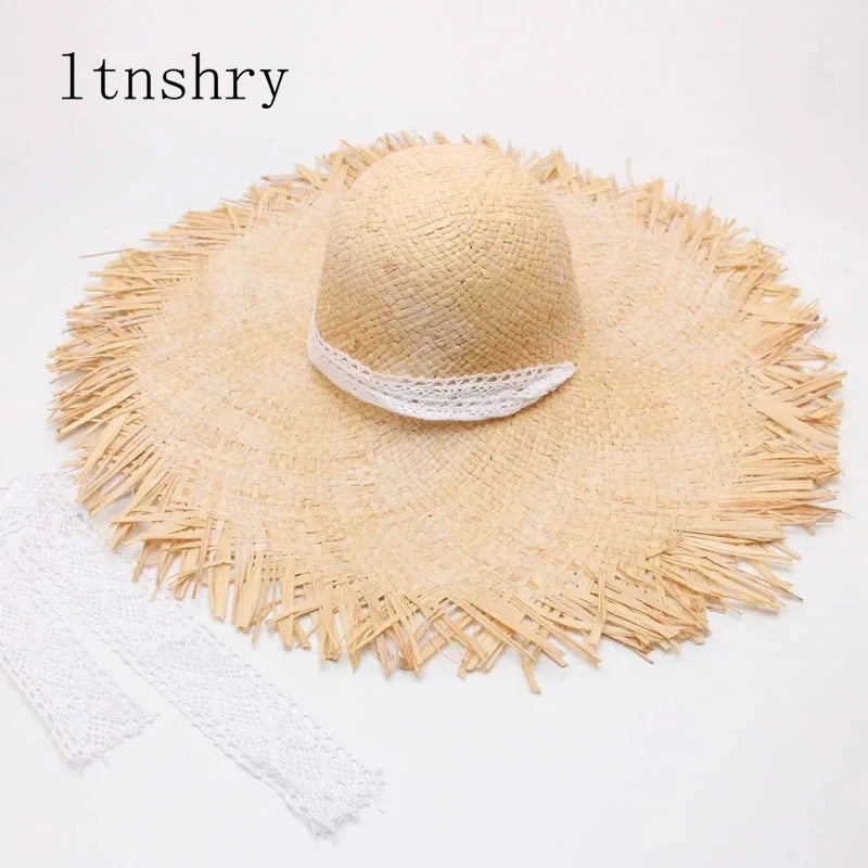 Chapeau de soleil en paille tressée pour femme, style feminino, avec ruban, à large bord, blanc, à lacets, pour la plage et les vacances en plein air. SUN N.