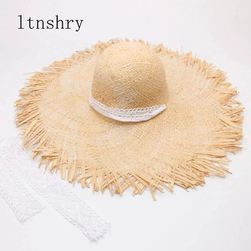 Chapeau de soleil en paille tressée pour femme, style feminino, avec ruban, à large bord, blanc, à lacets, pour la plage et les vacances en plein air. SUN N.