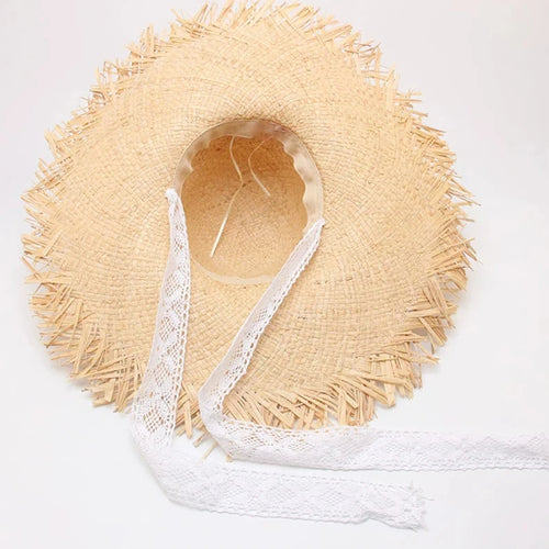 Chapeau de soleil en paille tressée pour femme, style feminino, avec ruban, à large bord, blanc, à lacets, pour la plage et les vacances en plein air. SUN N.