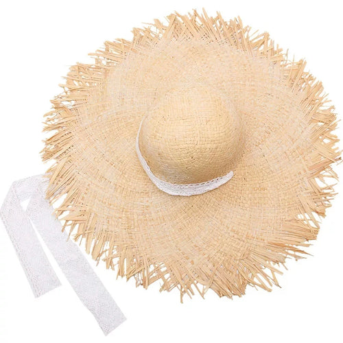 Chapeau de soleil en paille tressée pour femme, style feminino, avec ruban, à large bord, blanc, à lacets, pour la plage et les vacances en plein air. SUN N.