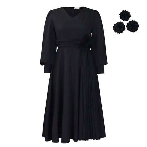 Robe coupe A élégante en couleur sable avec manches bouffantes et détails plissés, parfaite pour toutes les silhouettes.