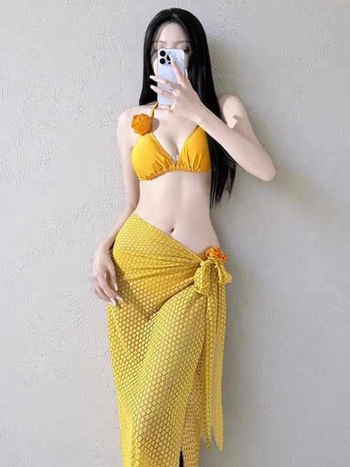 Swimsuit Women's Split Bikini Three-Piece Set Thai Niche Design Large Long Dress Flower Seaside Holiday Photo Hot Spring SUN N.