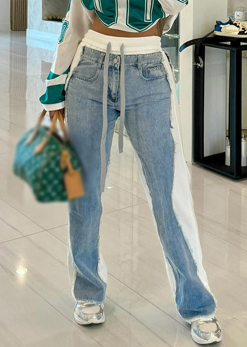 Jean patchwork femme – unique style with contrasting colors and trendy design in three different views.
