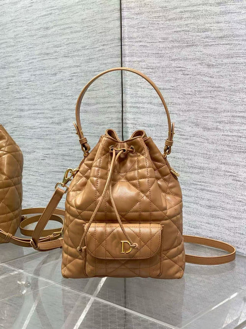 D's Caro Bucket Bag Micro Lambskin Fortune Bucket Rattan Pattern Soft Genuine Leather Women's Bag Fashionable Women's School Bag SUN N.