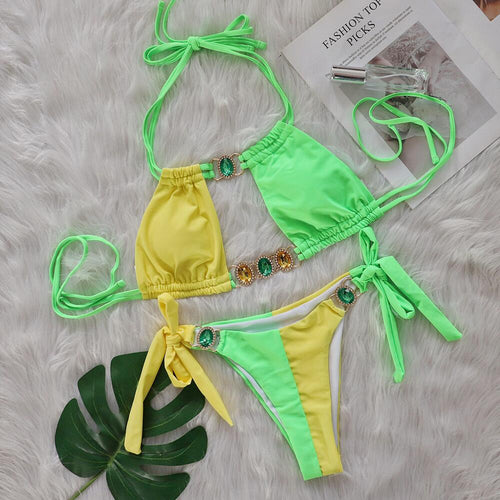 Baizi 2026 New Crystal Diamond Bikini European and American Sexy Patchwork Tie-Up Women's Two-Piece Swimsuit in Stock from the Manufacturer SUN N.