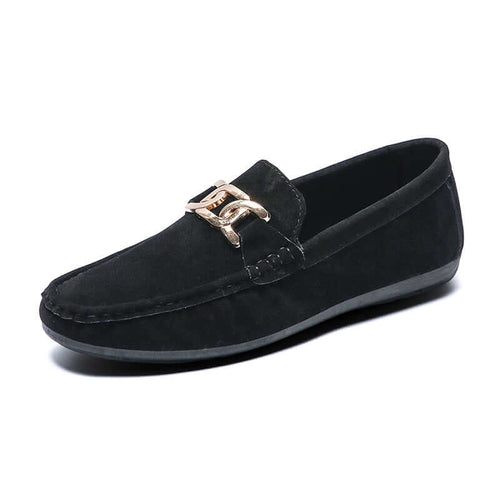Mocassins en suède givré – Légers et confortables avec une finition en cuir texturé et une boucle élégante.