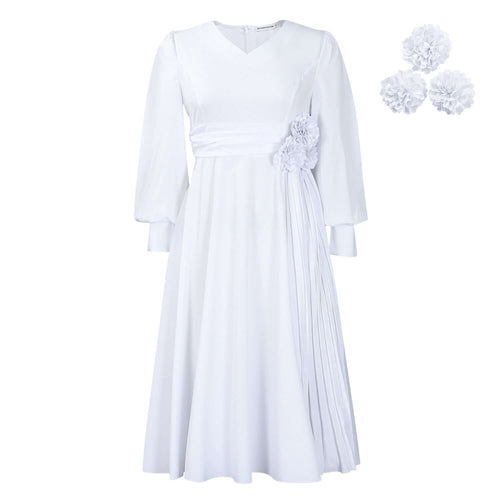Robe coupe A élégante en couleur sable avec manches bouffantes et détails plissés, parfaite pour toutes les silhouettes.