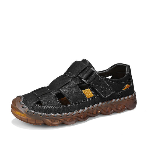 Sandales Homme Cuir Véritable en cuir brun, respirantes, avec mesh et bout fermé, adaptées aux grandes tailles.
