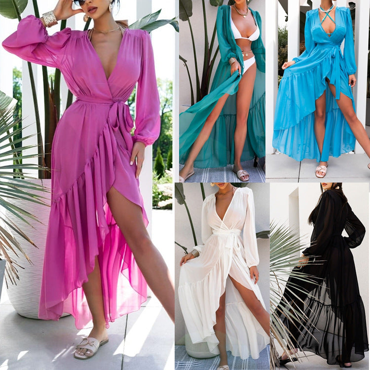 Amazon Spring and Summer Long Dress AliExpress European and American Chiffon Solid Color Sunscreen Beach Vacation dress Blouse SUN N.