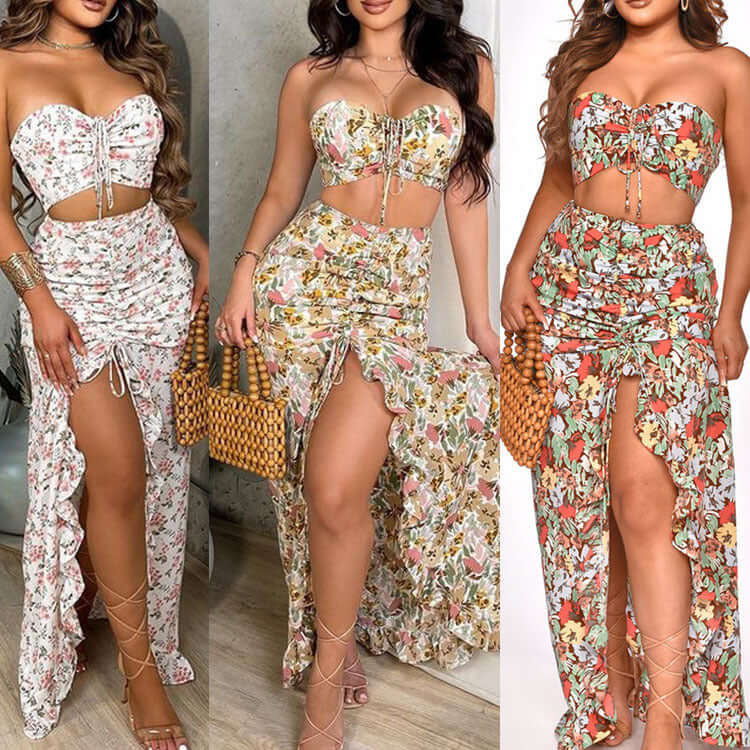 Ensemble 2 pièces robe imprimée à volants en plusieurs couleurs et motifs, sexy et féminin, tendance fashion.