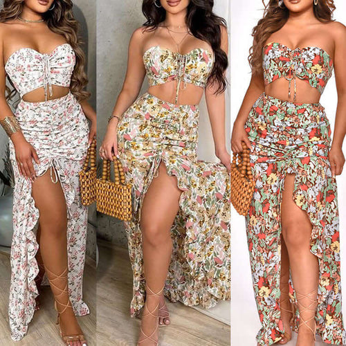 Ensemble 2 pièces robe imprimée à volants en plusieurs couleurs et motifs, sexy et féminin, tendance fashion.