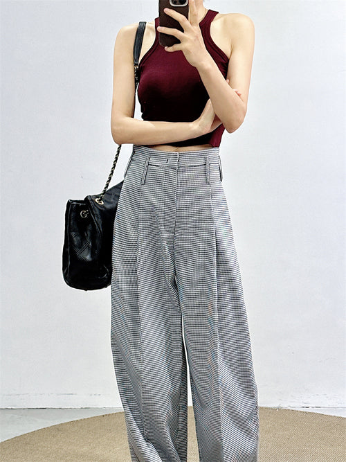 Fan-Favorite: New Spring/Summer Houndstooth Pants for Women, High-Waisted Wide-Leg Pants, Straight Loose Fit, Slimming Suit Pants SUN N.