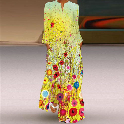 2026 European and American Amazon Spring and Summer New Women's Long Dress V-Neck Long Sleeve Pocket Printed Loose Dress SUN N.