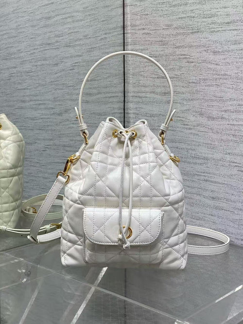 D's Caro Bucket Bag Micro Lambskin Fortune Bucket Rattan Pattern Soft Genuine Leather Women's Bag Fashionable Women's School Bag SUN N.