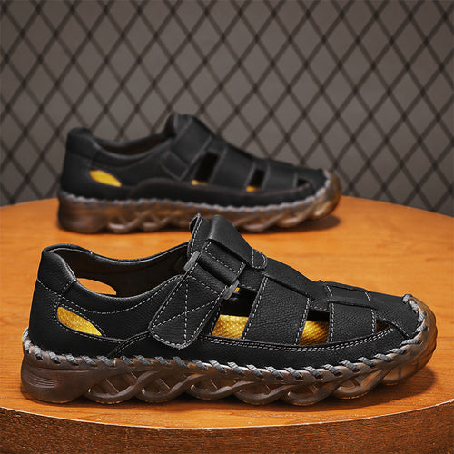 Sandales Homme Cuir Véritable en cuir brun, respirantes, avec mesh et bout fermé, adaptées aux grandes tailles.