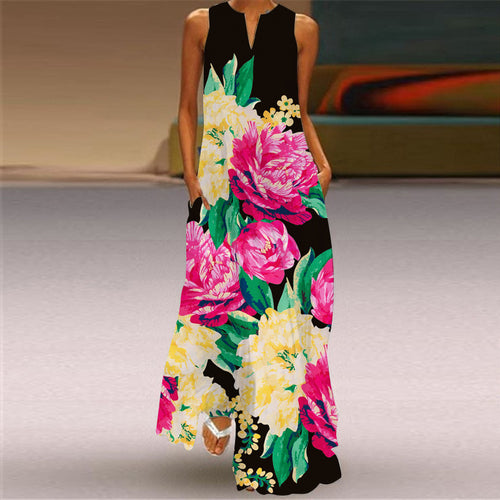 2026 New Summer Women's Sleeveless V-Neck Retro Printed Dress Long Skirt European and American Cross-Border Foreign Trade Women's Clothing SUN N.