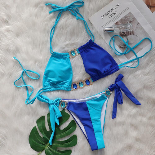 Baizi 2026 New Crystal Diamond Bikini European and American Sexy Patchwork Tie-Up Women's Two-Piece Swimsuit in Stock from the Manufacturer SUN N.