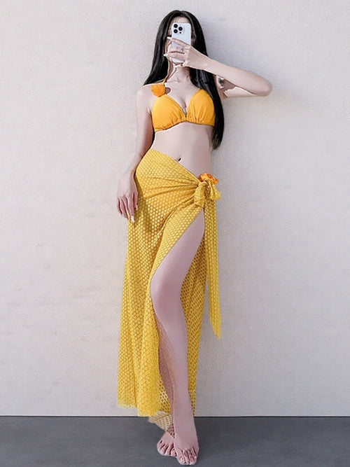 Swimsuit Women's Split Bikini Three-Piece Set Thai Niche Design Large Long Dress Flower Seaside Holiday Photo Hot Spring SUN N.