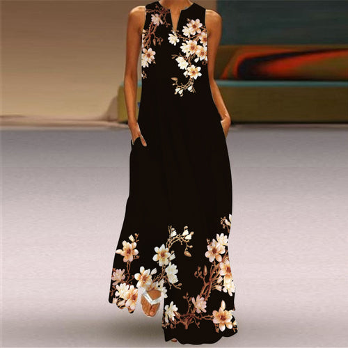 2026 New Summer Women's Sleeveless V-Neck Retro Printed Dress Long Skirt European and American Cross-Border Foreign Trade Women's Clothing SUN N.