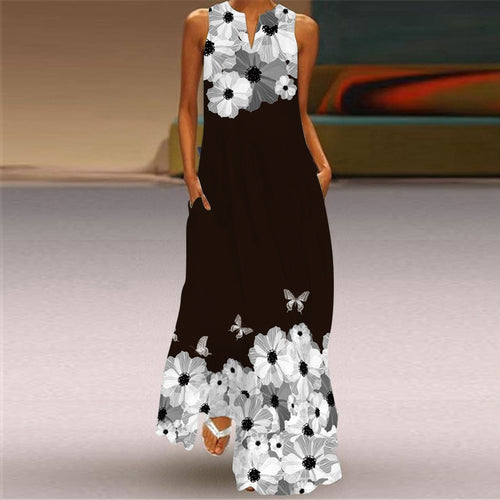 2026 New Summer Women's Sleeveless V-Neck Retro Printed Dress Long Skirt European and American Cross-Border Foreign Trade Women's Clothing SUN N.