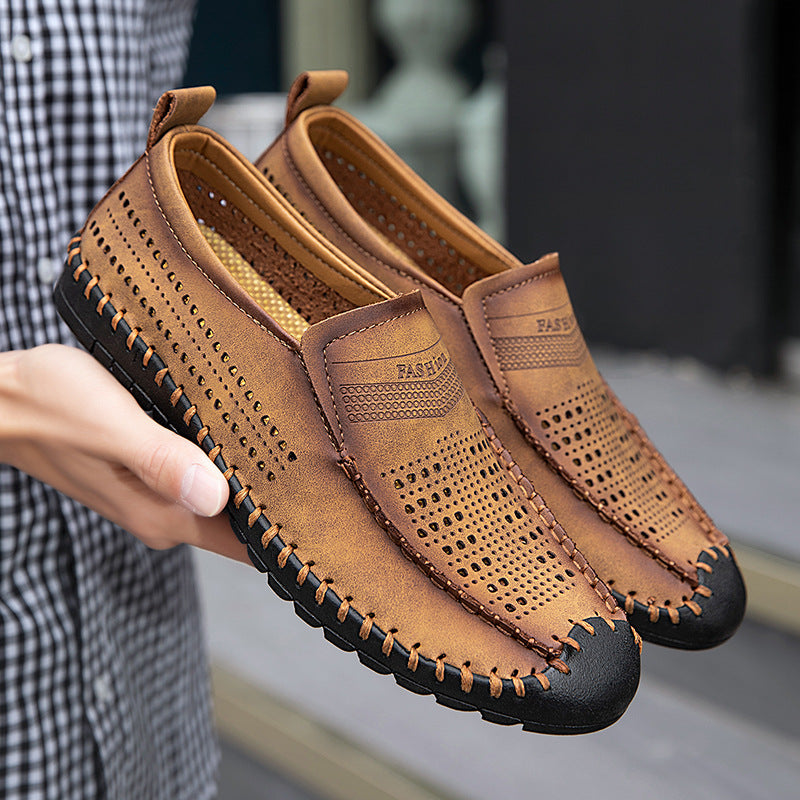 Chaussures Casual Homme Cuir Véritable ajouré cousu main, en cuir respirant et confortable, couleur marron.