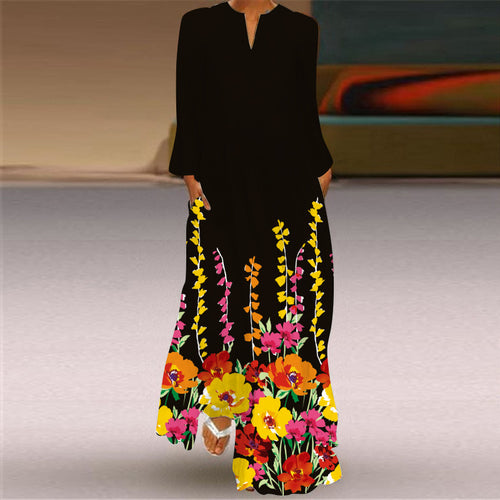 2026 European and American Amazon Spring and Summer New Women's Long Dress V-Neck Long Sleeve Pocket Printed Loose Dress SUN N.