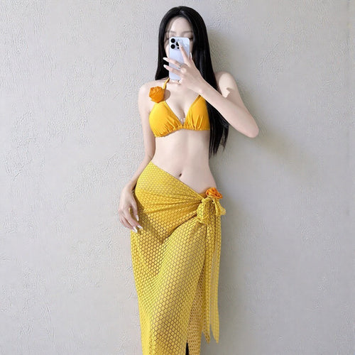 Swimsuit Women's Split Bikini Three-Piece Set Thai Niche Design Large Long Dress Flower Seaside Holiday Photo Hot Spring SUN N.