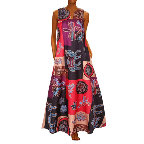 European and American AliExpress Women's V-neck Sleeveless Pocket Summer Retro Printed Color Block Stitching Sleeveless dress 9632C SUN N.