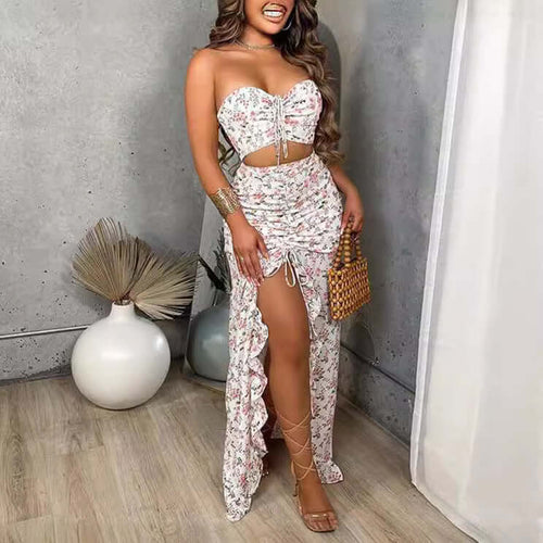 Ensemble 2 pièces robe imprimée à volants en plusieurs couleurs et motifs, sexy et féminin, tendance fashion.