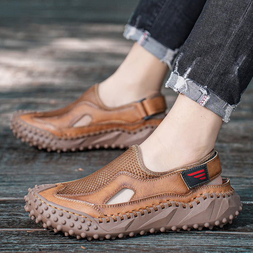 Sandales cuir véritable mesh - Respirantes et bout fermé, design artisanal pour confort estival.