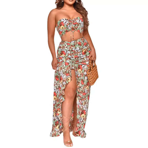 Ensemble 2 pièces robe imprimée à volants en plusieurs couleurs et motifs, sexy et féminin, tendance fashion.