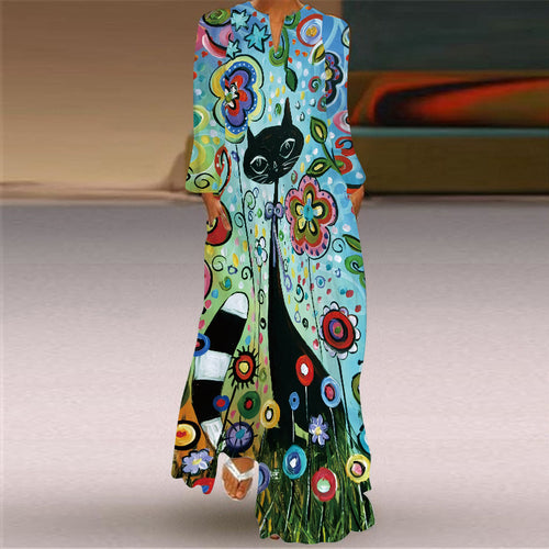 2026 European and American Amazon Spring and Summer New Women's Long Dress V-Neck Long Sleeve Pocket Printed Loose Dress SUN N.
