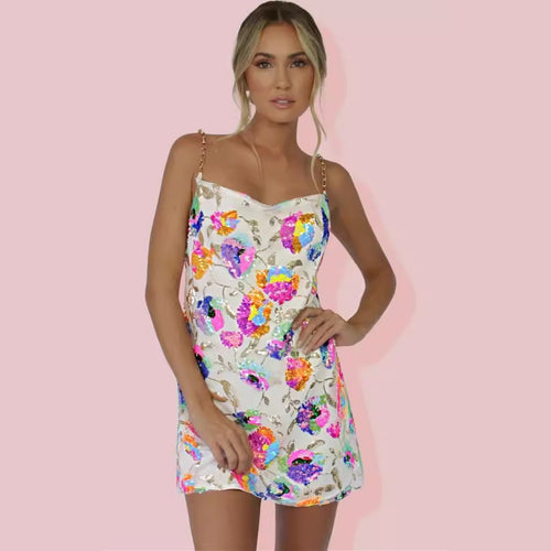 Foreign Trade Explosions Amazon Sexy Collar Backless Sequin Floral Chain Women's Sexy Short Dress SUN N.