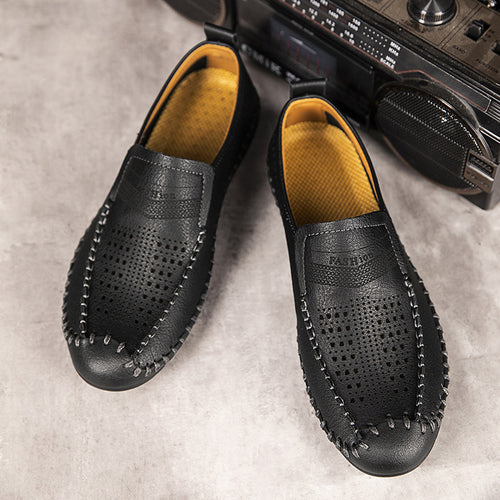Chaussures Casual Homme Cuir Véritable ajouré cousu main, en cuir respirant et confortable, couleur marron.