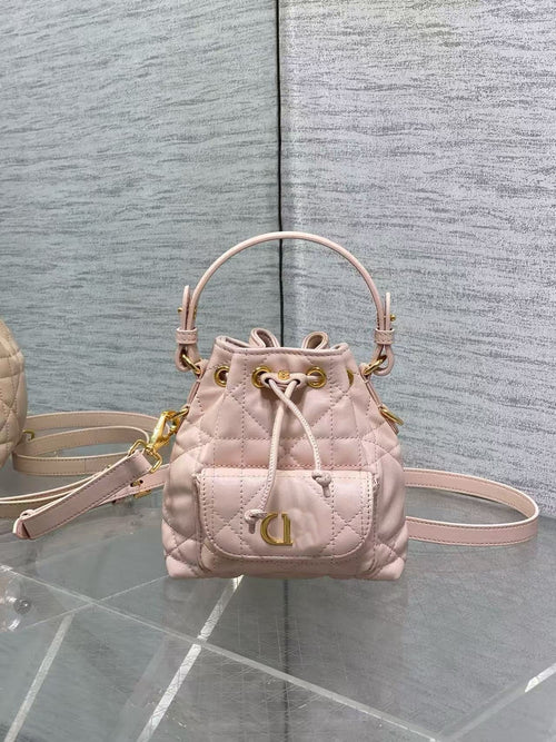 D's Caro Bucket Bag Micro Lambskin Fortune Bucket Rattan Pattern Soft Genuine Leather Women's Bag Fashionable Women's School Bag SUN N.