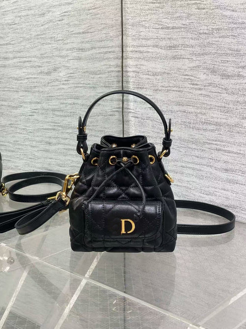 D's Caro Bucket Bag Micro Lambskin Fortune Bucket Rattan Pattern Soft Genuine Leather Women's Bag Fashionable Women's School Bag SUN N.